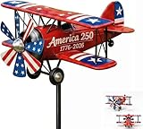 Biplane Wind Spinner, Patriotic Metal Airplane Kinetic Garden Decor with America 250 Milestone Tribute, 4th of July Large Whimsical Aircraft Stake for Yard Lawn Outside