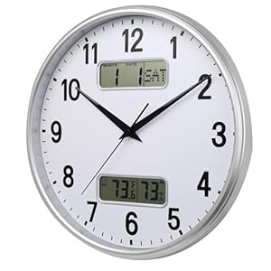 HZDHCLH 33cm Funkuhr Digitale, Anzeige von Temperatur, Luftfeuchtigkeit, Kalender, Modernes Design, Geeignet Für Zuhause, Büro, Schule（Weißsilber）