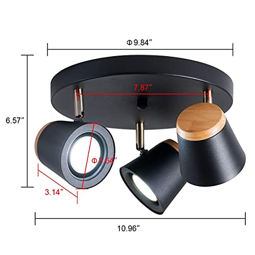 Tehenoo 3-Light Directional & Spotlight,Matte Black And Wooden Finish Semi-Flush Mount For Hallways, Bedrooms, Foyer, Kitchen, Living Room #TOP2