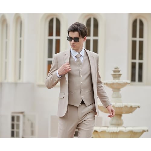 Men's Herringbone Linen Suits Beach Wedding Tuxedo Summer Slim Fit Light Weight 3 Pieces Blazer Jacket Vest Pants Tie Set （Sand Color 5XL）3