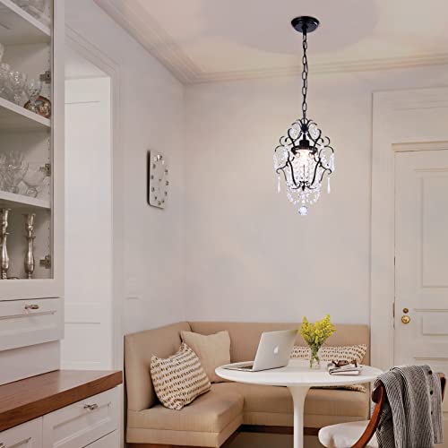 Maxam Small Chandelier, 1 Light Crystal Mini Black Chandeliers Elegant Ceiling Light Fixture, Adjustable Hanging K9 Crystal Antique Light For Bedroom, Girls Room, Closet, Farmhouse(Hardwire In) #TOP2