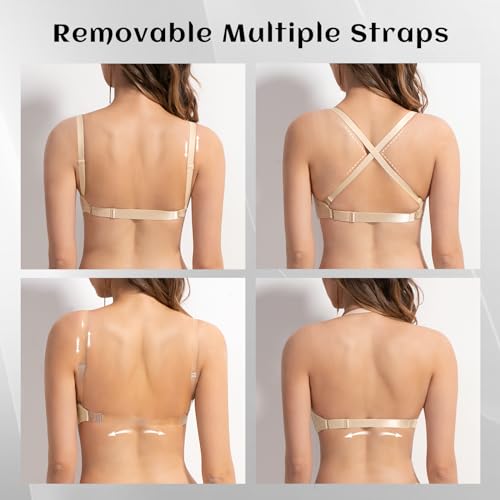 Women's Deep V Plunge Padded Push Up Bras with Clear Straps Backless Convertible Low Cut Underwire Bra4