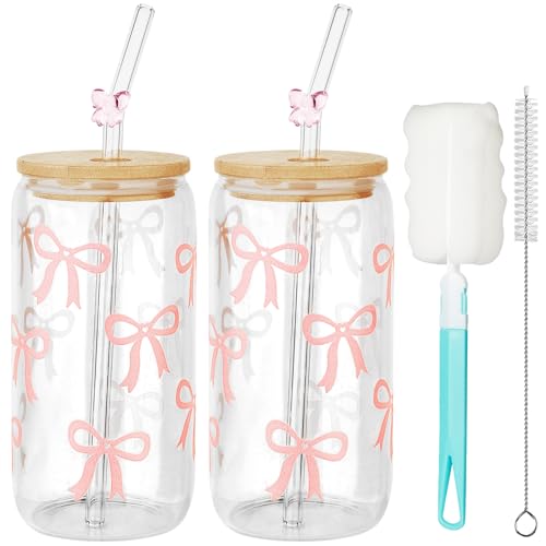 Mssushi 2 Stück Bow Trinkgläser mit Deckel und Strohhalm Glas 500ml Matcha Glas Vielseitiges Iced Coffee Cups für Getränke Kaffee Tee Cocktail Aesthetic Stuff Clean girl (Rosa Schleife)