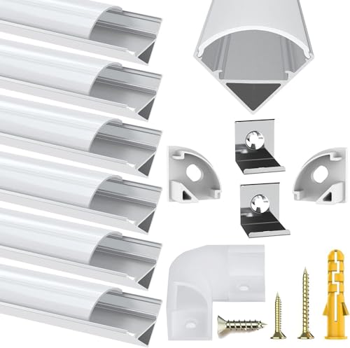 Chesbung 6 Pack V Shape Led Aluminum Channel for LED Strips, 1Meter/3.3ft Aluminum Profile with Milky White Cover, Led Track Diffusers with End Caps, Mounting Clips and 90 Degree Corner Connector