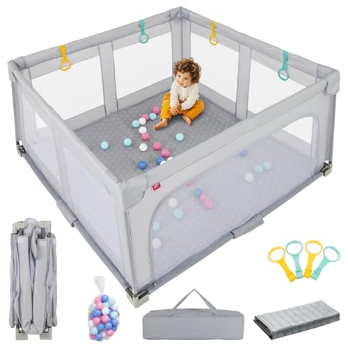INFANS Foldable Baby Playpen with Mat, 59” x 59” Large Baby Play Yard for Infant with 50 Ocean Balls, 4 Handlers, Carry Bag, Indoor Outdoor Fence Toddler Activity Center (Gray, 59” x 59”)