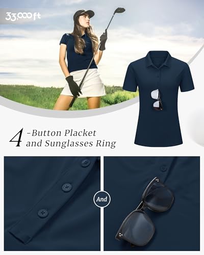 33,000ft Damen Poloshirt Golf Shirt Sonnenschutz UV Schutz Sommer Kurzarm T Shirts Schnelltrocknend Performance Sportshirt Outdoor Atmungsaktiv Funktions Polohemd für Golfen Tennis Dunkelblau 3XL