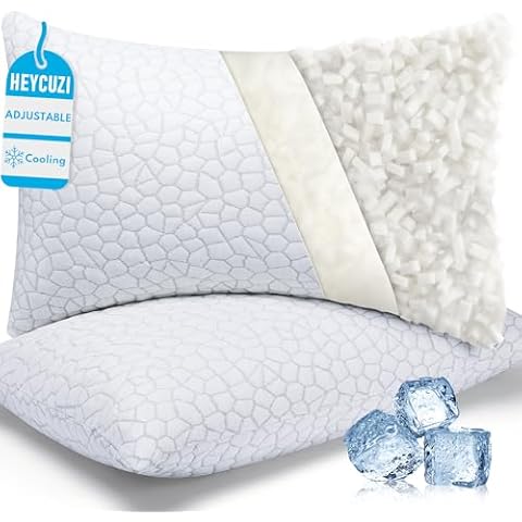 HEYCUZI Cooling Shredded Memory Foam Pillow for Sleeping - Queen Size 2 Pack, Adjustable Bed Pillows Set of 2 for Side, Back, and Stomach Sleepers, Washable Breathable Cold Cover - CertiPUR-US Cover