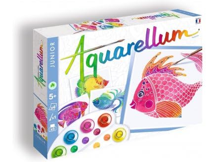 cavernedesjouets Coffret aquarellum junior aquarium 4 cartes poissons - peinture aquarelle facile et creative - nouveaux dessins - jeu made in france + carte