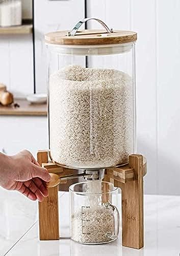 Dispensador de arroz de vidrio de 5L con soporte de madera y tapa hermética