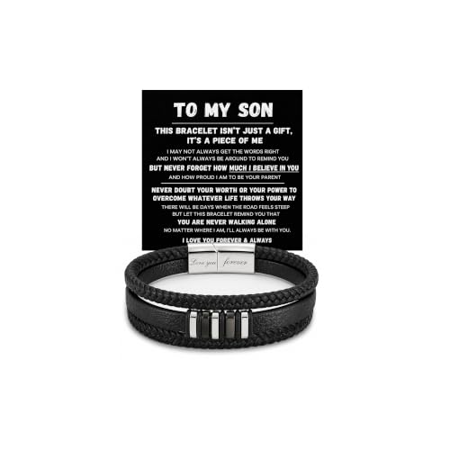 To My Son - Never Walk Alone Braided Bracelet, Mens Layers Braided Leather Cuff with Love You Forever Engraved Stainless Steel Clasp From Mom Dad Birthday Motivational Meaningful Gift Jewelry (Walk Alone Silver 21CM)