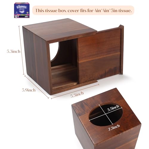 Acacia Wood Tissue Box Cover, Square Wooden Tissue Holder for Bathroom, Living Room, Dining Table, Decorative Cube Facial Tissue Box Cover, 5.3 x 5.3 x 5.9 inches by YANGQIHOME - Image 8