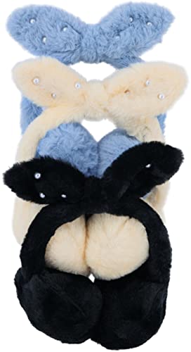 Tobeinstyle Girl's Pack Of 6 Winter Earmuffs And Ear Warmers - Subtle Pearls Bow Bunny Ears - Black/Ivory/Blue - One Size #TOP3