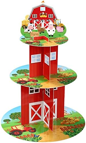 Farm Cupcake Stand 3 Tier Farm Theme Animal Cup Cake Holder Stand Cardboard Farmhouse Dessert Tower Round Barnyard Pastry Serving Platter for Farm Party Supplies Birthday Baby Shower Party Decorations