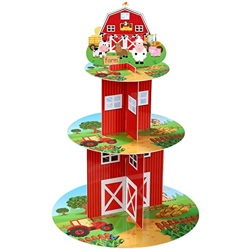 Zopeal Farm Cupcake Stand 3 Tier Farm Theme Animal Cup Cake Holder Stand Cardboard Farmhouse Dessert Tower Round Barnyard Pastry Serving Platter for Party Supply Birthday Baby Shower Party Decoration