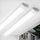 Qsmile 2 Pack 4FT LED Batten Light, PC Body, 32W Bright Cold White 6500K LED Tube Lights, Easy to Install for Offices, Warehouses, Garages, Basements, Workshops