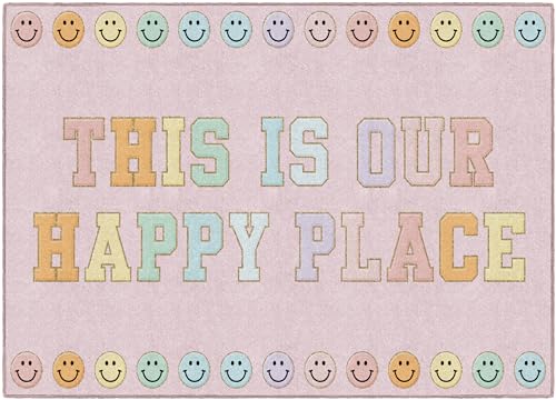Flagship Carpets Schoolgirl Style This is Our Happy Place on Pink Educational Area Rug for Kids Room Seating Décor, Children's Classroom, Play Carpet for Teaching and Playroom, 5' x 7'6"