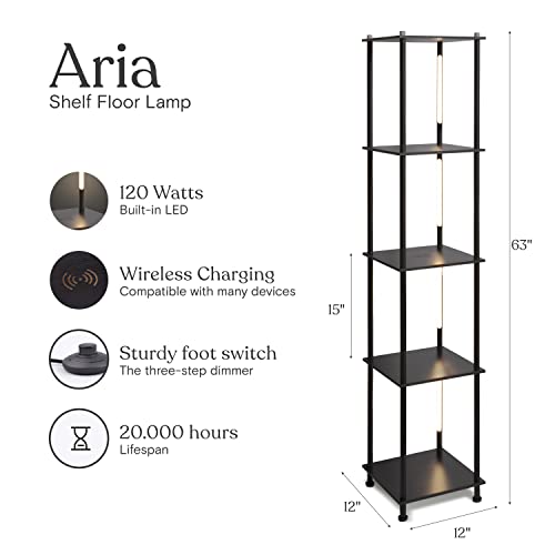 Brightech Aria Metal Shelf Floor Lamp With Wireless Charging Station– Narrow Free Standing Nightstand Led Lamp – Column Tower Stand Up Lighting For Living Rooms & Bedrooms - Black #TOP21