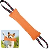 ToLanbbt Dog Tug Toy Bite Jute Pillow Pull Toy with 2 Strong Handles Perfect for Tug of War, Puppy Interactive Play, Tear Resistant Bite Training for Small Medium Large Dogs (Bright Orange-Footprint)