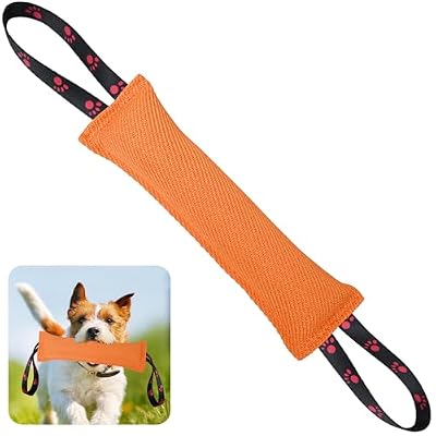 ToLanbbt Dog Tug Toy Bite Jute Pillow Pull Toy with 2 Strong Handles Perfect for Tug of War, Puppy Interactive Play, Tear Resistant Bite Training for Small Medium Large Dogs (Bright Orange-Footprint)