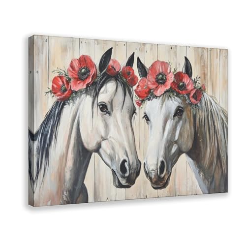 Boho Chic White Horse Canvas Wall Art, Elegant Animal Wearing