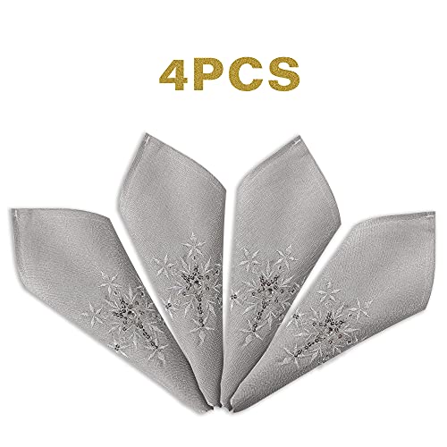 Owenie Christmas Table Napkins Cloth Set Of 4, Embroidered Snowflake Napkins 18X18 Inch, Silver Napkins Glittering Sequins For Dinner, Xmas Holiday Napkins For Familiy Dinning, Grey, Machine Washable #TOP2