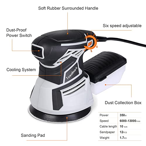 2.6A (350W) 5-Inch Random Orbital Sander With 12Pcs Sandpapers, 13000Rpm 6 Variable Speed Sander Machine, High Performance Dust Collection System For Woodworking, 1 Pcs Dust Box, Woodworking - Os350 #TOP4