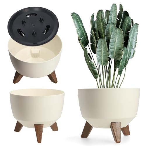 KADAX Maceta Decorativa de Plástico con Soporte Integrado, Macetero con Tres Patas de Imitación Madera para Interior y Exterior (Crema, 24 cm)