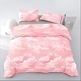 Wellboo Himmelrosa Bettdecken-Sets für Kingsize-Bett, Damen, Mädchen, Rosa, Weiß, Wolken, Baumwolle, modern, lässig, abstrakt, Wolkendruck, Bettdecken, flauschig, Batik, rosa und weiß, Farbverlauf