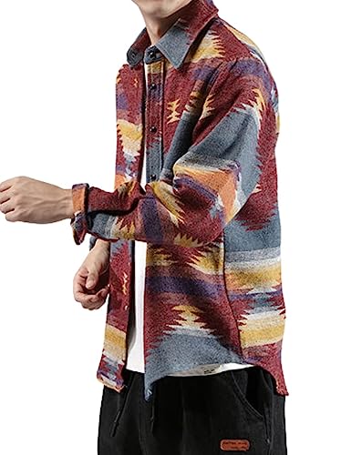 Image of FindThy Men's Brushed Flannel Shirts Ethnic Aztec Print Button Up Lapel Tribal Shirt Jacket Shacket