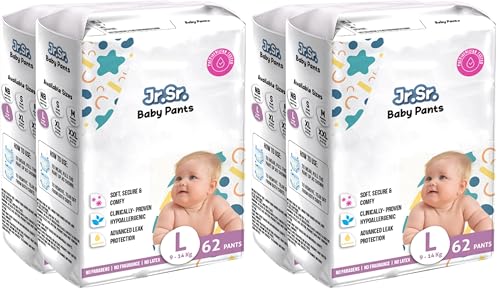 Image of Jr. Sr. Baby Diaper Pants | Large (L) Size (9-14 kg), 124 Count | Pack of 4 | Upto 12 hr Absorption with Advanced Leak Protection | Safe For Babies Skin | Soft, Secure & Comfy
