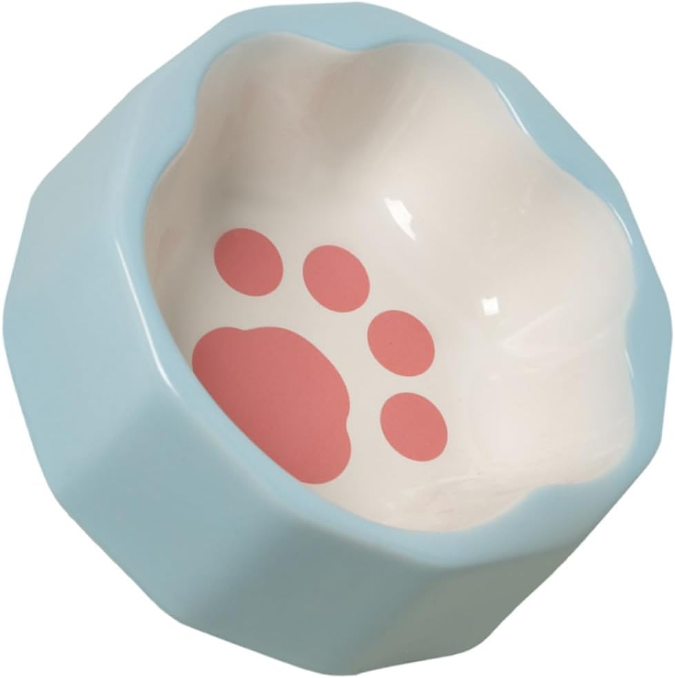 Ceramic Pet Feeder Bowl Slanted Dog and Cat Food Dish with Blue Animal Paw Print, Small Tilted Bowl for Indoor Feeding and Snacks