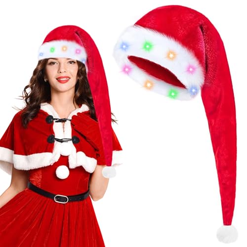 JOKILY Lang Weihnachtsmütze, Weihnachtsmütze, LED Lichter weihnachtsmütze, Erwachsene Weihnachtsmützens Rot, Nikolausmütze mit leuchtendem, Plüsch weihnachtsmann Dickem Weihnachtsmützens Damen Herren