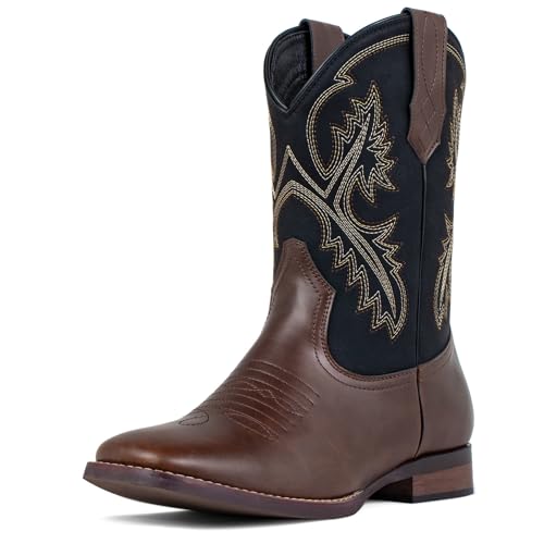 J's.o.l.e Western Mens Cowboy Boots Square Toe Wide Mid Calf Embroidered Pull On Retro Boot Brown