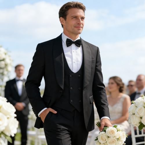 Black Tuxedo Suits for Men Solid 3 Piece Regular Fit Formal Set for Wedding Prom Shawl Lapels One Button Jacket Double Breasted Vest Pants Set XX-Large by Rogers & Morris - Image 2