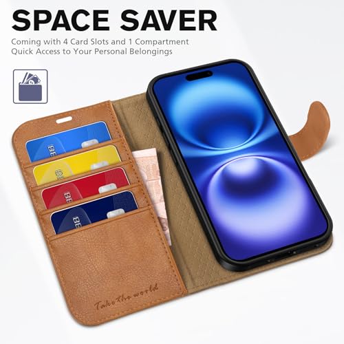 TUCCH Wallet Magnetic Closure Folio Stand Case for iPhone 16, Light Brown by TUCCH - Used condition - Image 7