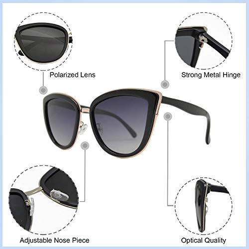 Pz Polarized - Women Cat Eye Metal Bridge Design Sunglasses (Blk-Gd-Smoke) #TOP5
