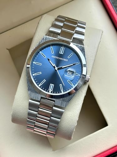Image of AMERICANVIBER Men's Silver Stainless Steel Watch, Vibrant Green Sunburst Dial, Quartz Analog Movement, Date Display, Faceted Bezel for Men