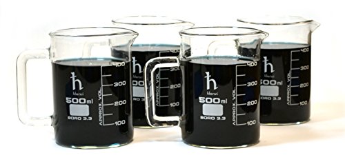 EISCO Premium Hand Crafted Beaker Mugs, Laboratory Quality Borosilicate 3.3 Glass, 16.9oz (500mL) Capacity - Pack of 4 Mugs