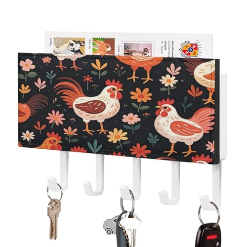 DJUETRUI Cute Rooster Chickens Leather Key Holder Wall Mount