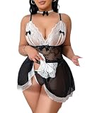 WDIRARA Women's Plus Size Maid Outfit Costume Lace Trim Lingerie Dress 6 Piece Cosplay Set Black X-Large Plus