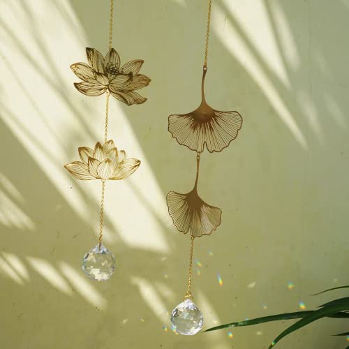Crystal Suncatcher Hanging Decoration Lotus & Ginkgo Leaf Rainbow Charm Home Garden Room Window Spiritual Prisms Mother's Day Gift Boxed #TOP7
