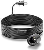 12Ft Extension Hanging Light Cord with Socket, Pendant Light Cord with E26 Base, On/Off Switch, Polarized Plug, Hanging Lantern Cable (Black - No Bulb)