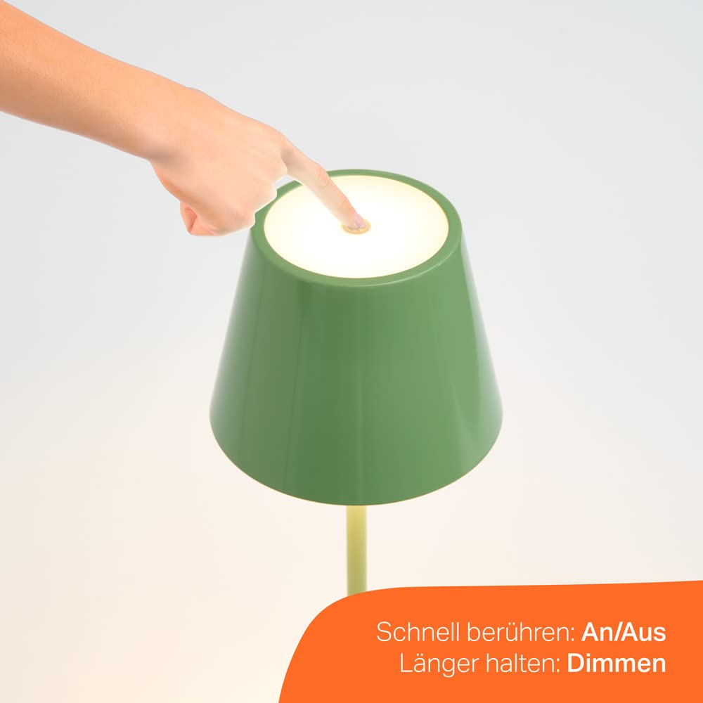 NCC-Licht LED Tischlampe kabellos aufladbar Grün 2,2W warmweiß 2700K, mit Touchdimmer, Akku Tischleuchte für Innen und Außen IP54