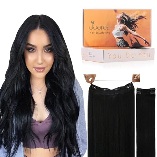 Image of DOORES Wire Hair Extensions, Jet Black 14 Inch 75g Fish Line Weft Extensions and 2pcs 30g Clip ins, 105g Invisible Wire Real Remy Human Weft Straight Transparent Seamless Hairpiece