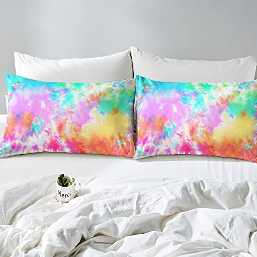 Colorful Tie Dyed Fitted Sheet Kids Tie Dye Bedding Sheet Set Orange Yellow Pink Blue Psychedelic Spiral Swirl Batik Boho Hippie Bed Cover Girls Teens Room Decor With 1 Pillow Sham(Rainbow,Twin) #TOP3