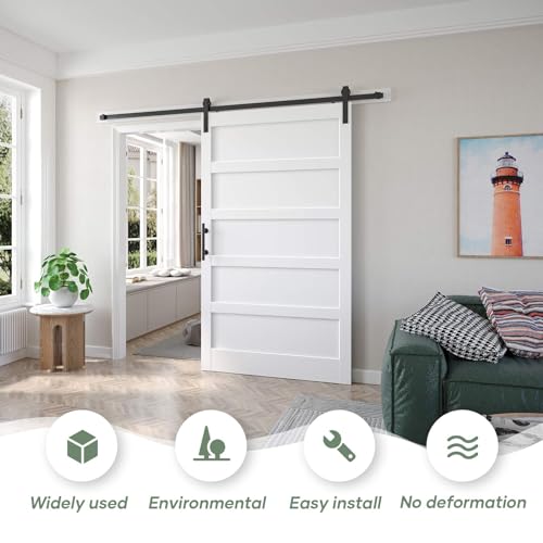 Image of Fredbeck 48x80 inch White Barn Door with 8FT Sliding Barn Door Hardware Kit Included,DIY Assembly,Water-Proof,5-Panel,Fit 45in-47in Opening
