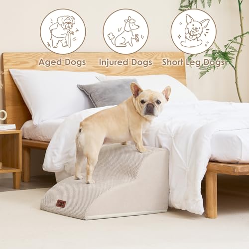 EHEYCIGA Hundetreppe für Kleine Hunde 30 cm Hoch, Haustiertreppe für Sofa Bett, Treppe für Hunde aus Hochdichtem Schwamm, Hunderampe mit Waschbarem Bezug und Rutschfestem Boden, 2 Stufen, Beige