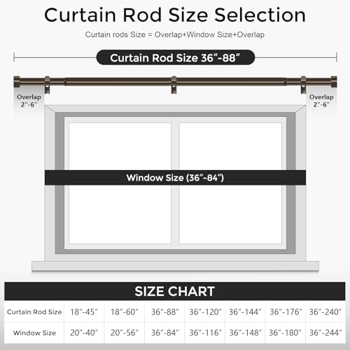 Bronze Curtain Rods for Windows 48 to 84 Inch(4-7 Feet),1" Diameter Drapery Rods with Modern Style End Cap Finials,Size:36-88 Inch,Antique Bronze