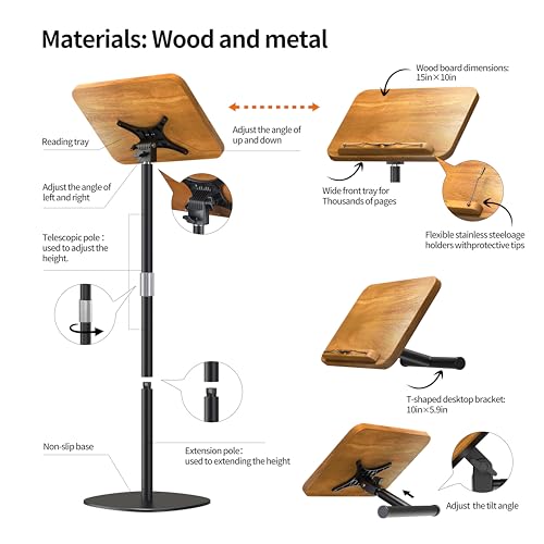 NAMON 2-in-1 Dual-use Floor & Desktop Book Stand, 100% Solid Wood, Height Adjustable from 16.5" to 51", Floor Reading Stand with Page Clip for Cookbooks, Sheet Music, Projector (with a T-Shaped) by NAMON - Image 6