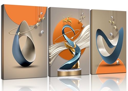 3 Pcs Bright Style Canvas Wall Art Modern Abstract Golden Deer Luxury Foil Lines Posters Prints White Blue orange color Grey Painting Pictures for Living Room Bedroom Office Home Wall Decor Framed
